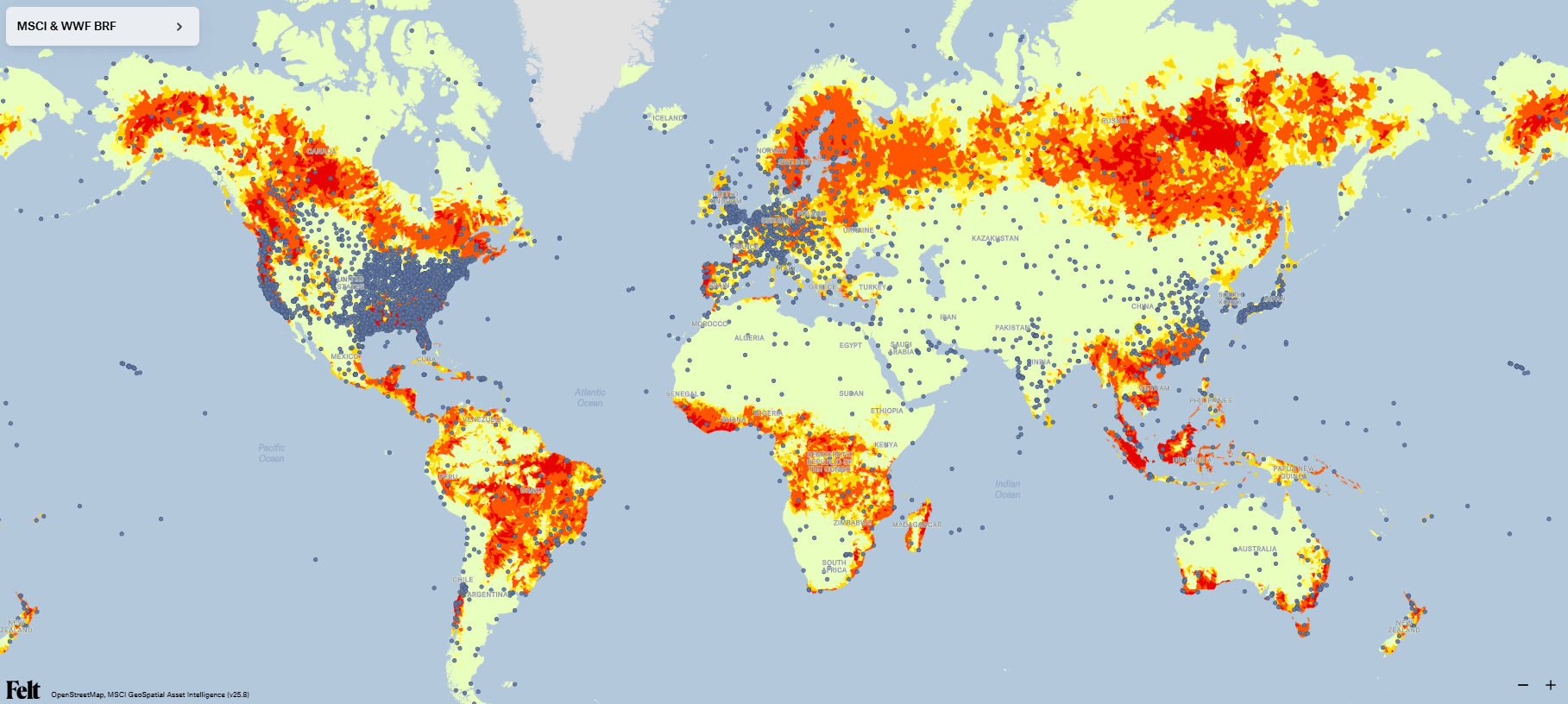 A world map displaying wildfire risk levels, with hotter colors (yellow, orange, red) indicating higher wildfire hazard zones. High-risk regions are visible across western North America, the Amazon Basin, southern Europe, central Africa, and parts of Southeast Asia and Australia. Overlaid gray dots mark locations of industrial and population centers, showing intersections between wildfire exposure and human activity. The map is branded “MSCI & WWF BRF” with data attribution to MSCI GeoSpatial Asset Intelligence and OpenStreetMap.