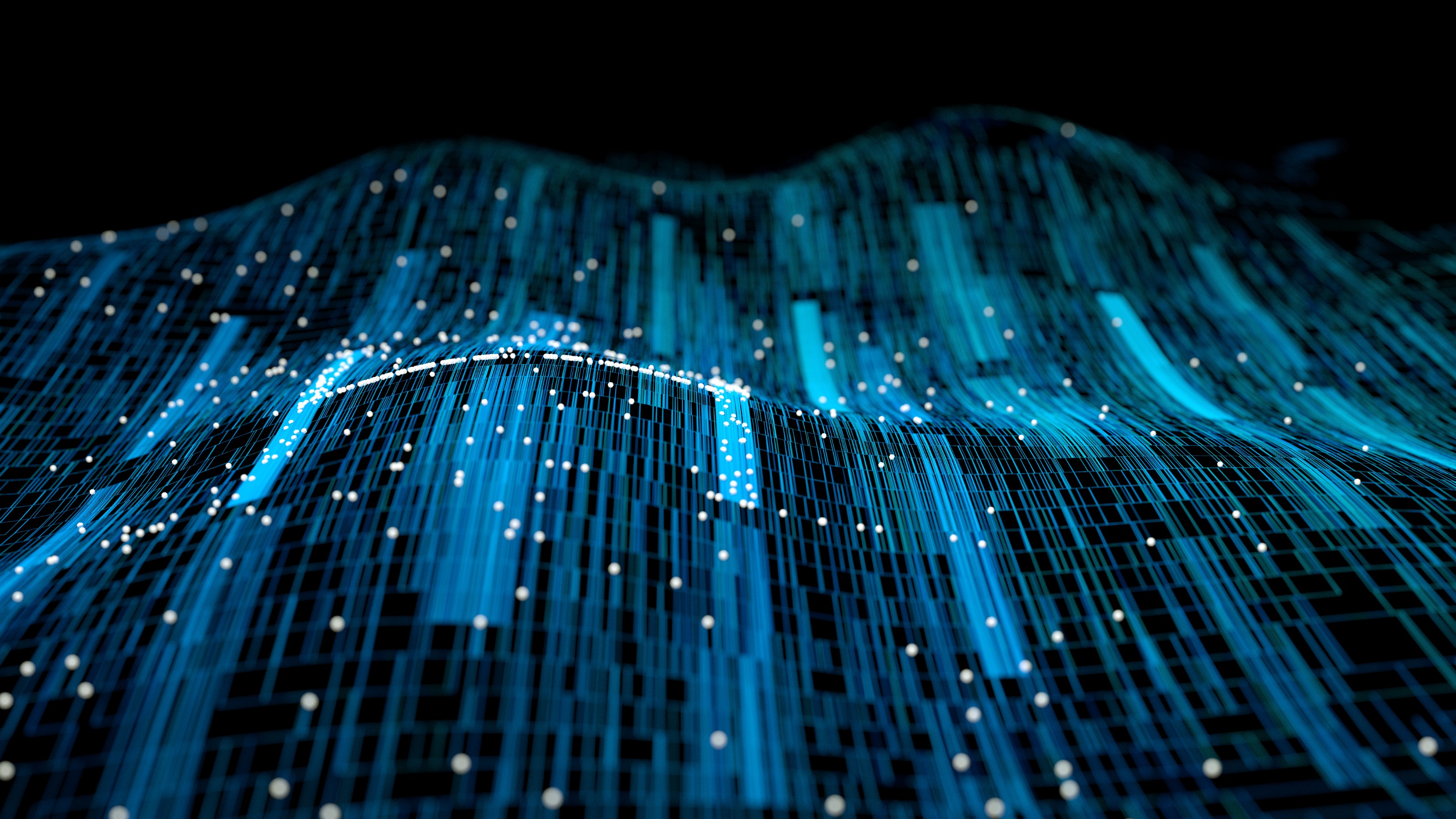 Abstract blue digital wave with glowing white dots on a black background, resembling flowing data or a network.