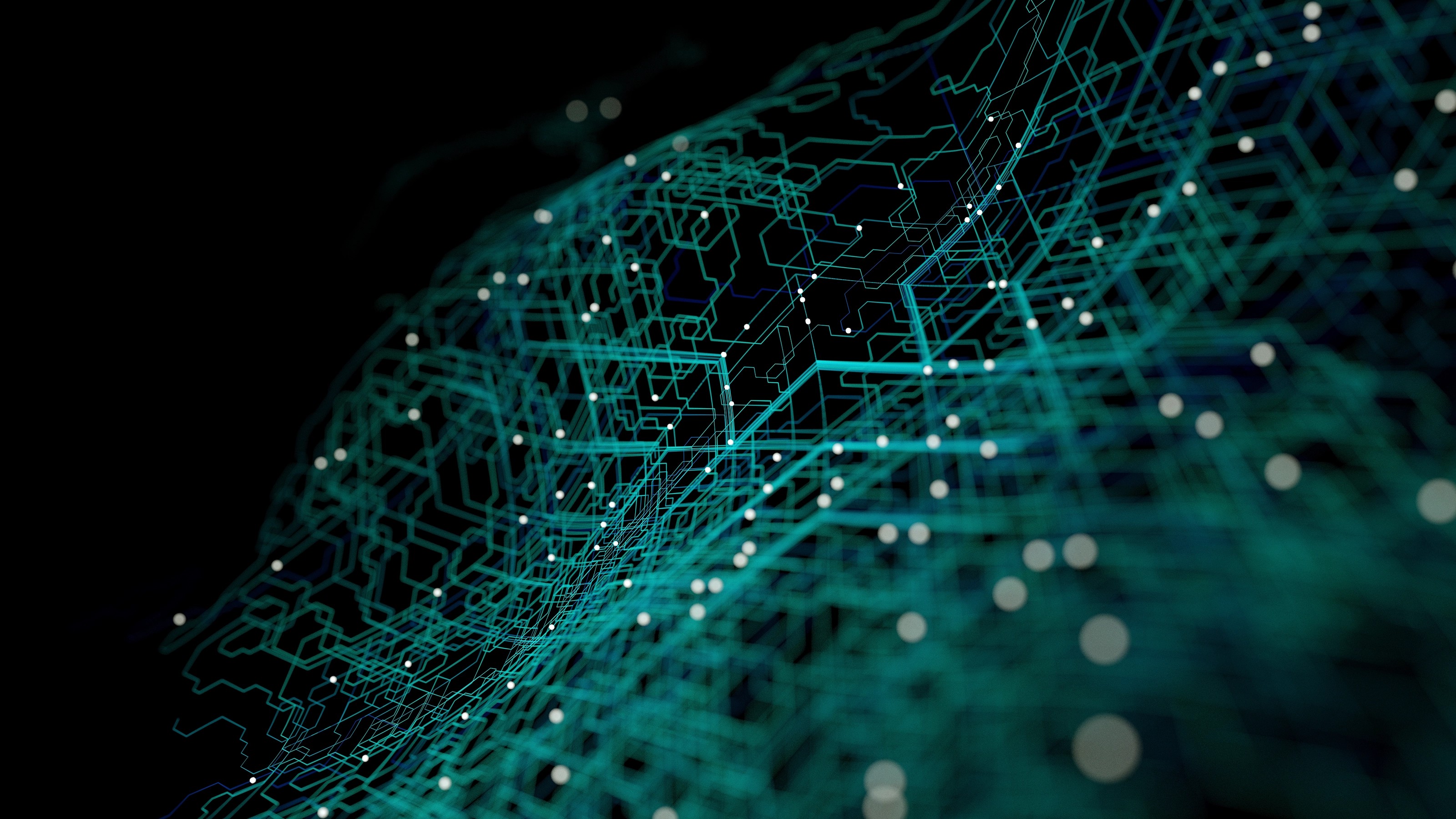 Abstract digital network of interconnected teal lines and glowing white nodes on a dark background.
