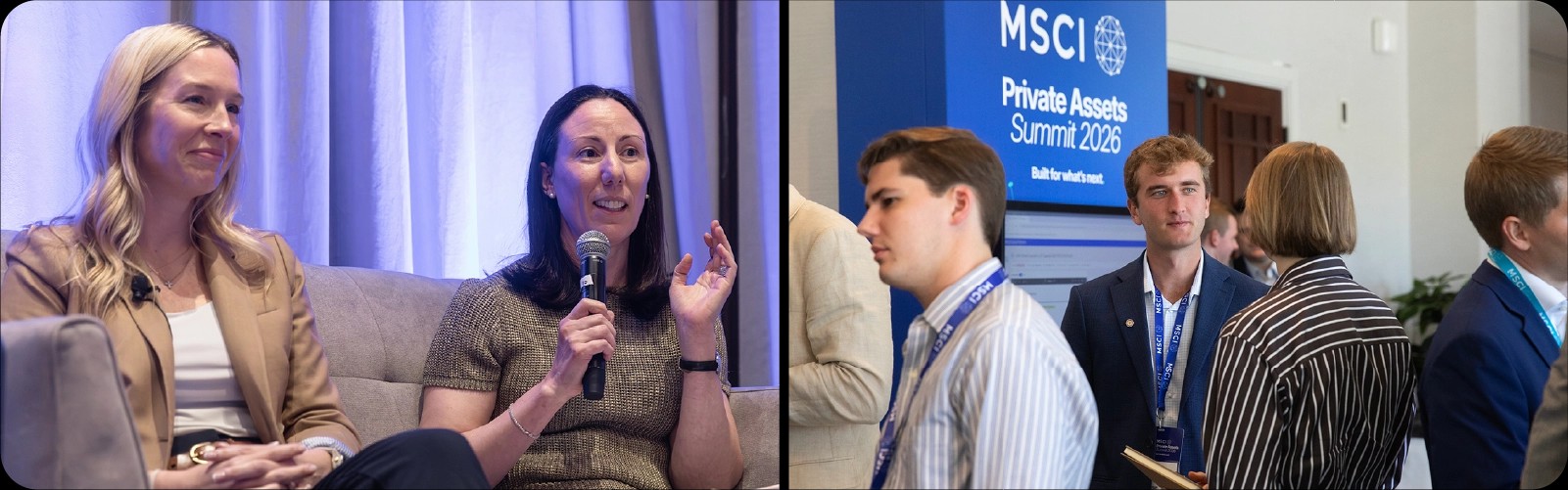 Left: Kerri Gandin and Beth Gilje speak at the MSCI Private Assets Summit Right: Attendees network at the MSCI Private Assets Summit.