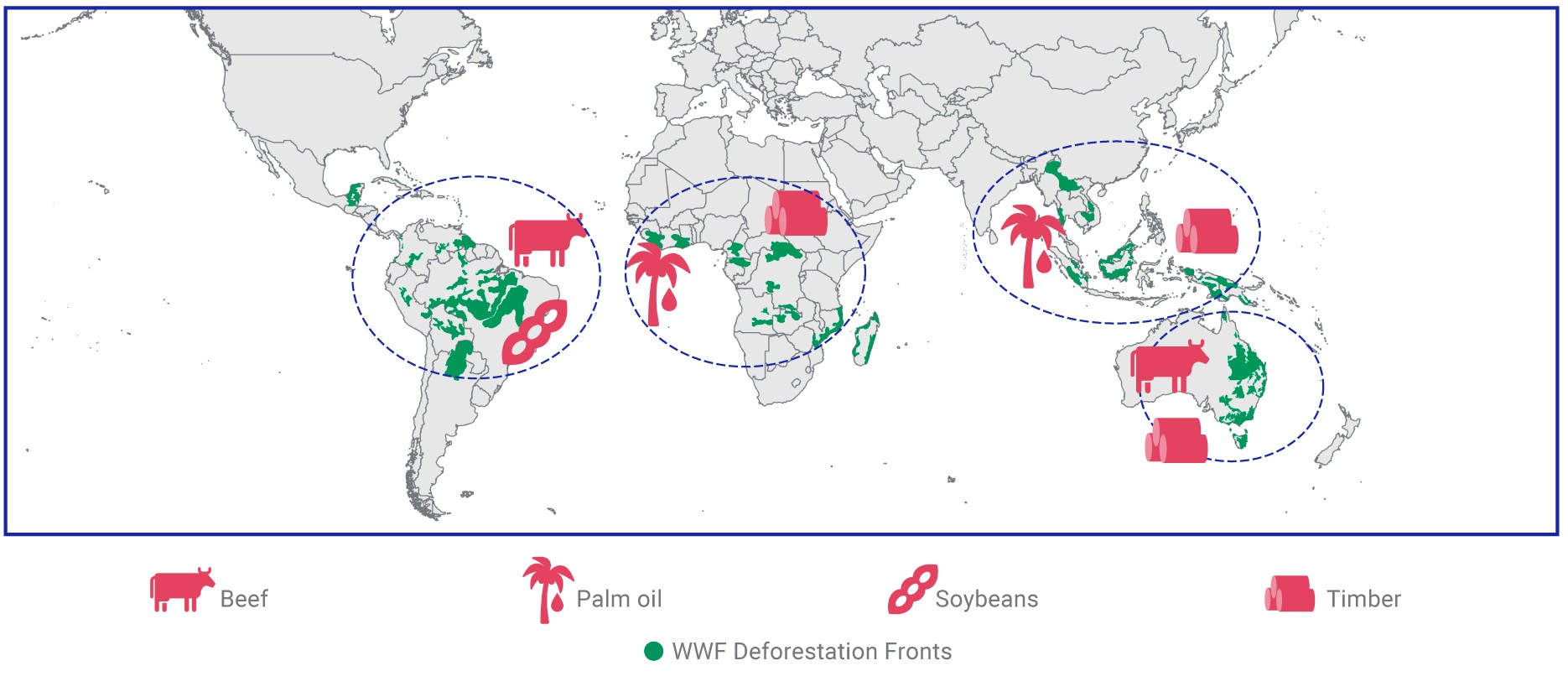 This chart shows the WWF Deforestation Fronts and the commodities causing them.