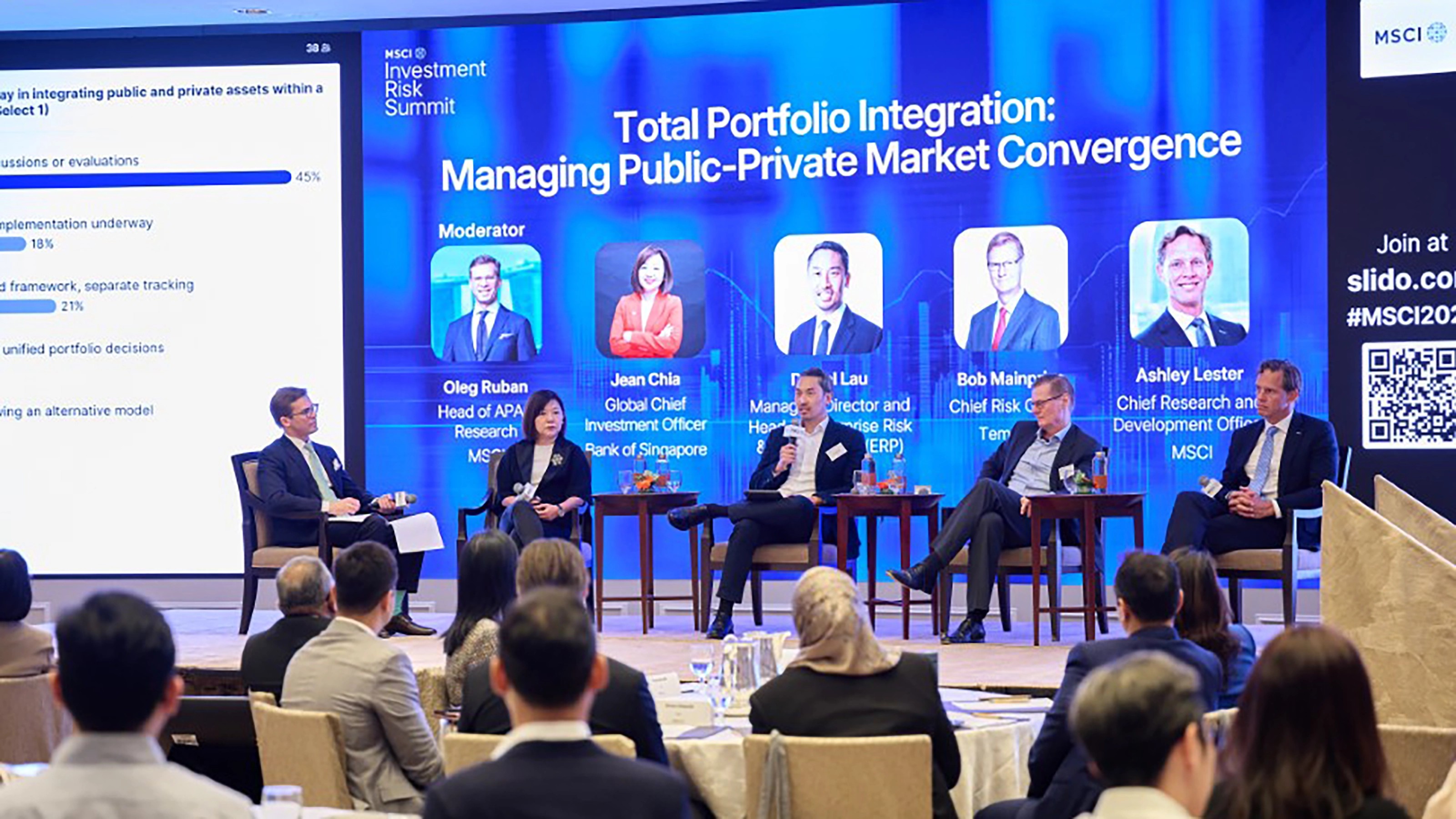 Panel discussion on public-private market convergence with five speakers on stage at the MSCI Investment Risk Summit.