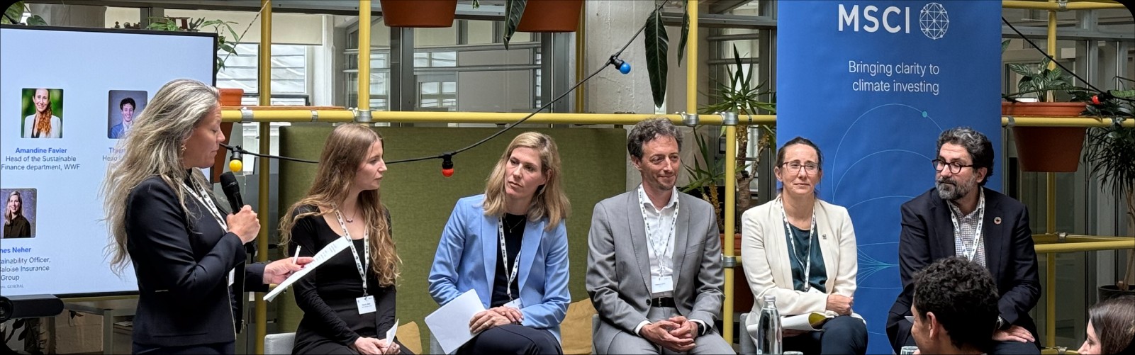 Left to right, from our joint session with WWF: Lisa Eichler, Head of Physical Risk and Nature Products, MSCI (moderator); Veronica Baker, Senior Project Manager, Lead Impact Investing and Nature, SSF; Amandine Favier, Head of Sustainable Finance, WWF; Thierry Corti, Head of Nature & Biodiversity Models, MSCI; Agnes Neher, Chief Sustainability Officer, Helvetia Baloise Insurance Group; Sasha Cisar, Specialist in Sustainable Investments, NEST.