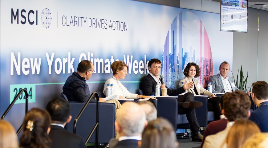 Oliver Marchand, MSCI's head of climate risk research (left), discusses climate-related physical risk with Bridget Fawcett, global head of sustainability and corporate transitions investment banking, Citi; Dr. Andrew Smith, chief operating officer, Fathom; Dr. Marie Henniges, director for nature in net-zero transition planning, GFANZ; and Garrett Bradford, principal and geographic information systems consultant, Milliman.