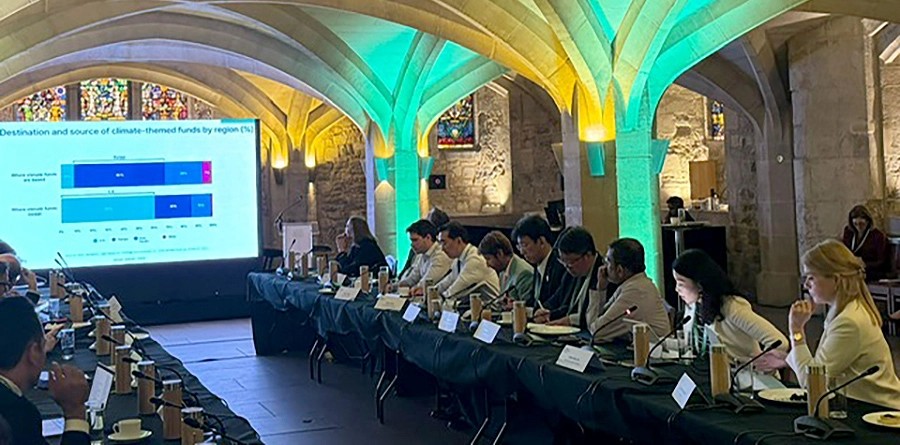 A formal meeting is underway in a vaulted room with stained glass windows and colorful uplighting. Delegates sit at long tables facing a screen displaying a bar chart titled "Destination and source of climate-themed funds by region (%)."