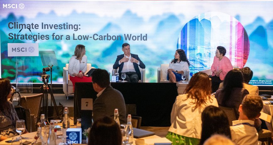 Left to right, Naomi English, MSCI's head of climate strategy; Mark Konyn, group chief investment officer at AIA; Sunita Subramoniam, APAC head of sustainable product strategy, iShares and Index at BlackRock; and Yuki Yasui, managing director, GFANZ's Asia Pacific Network, discuss financing decarbonization.