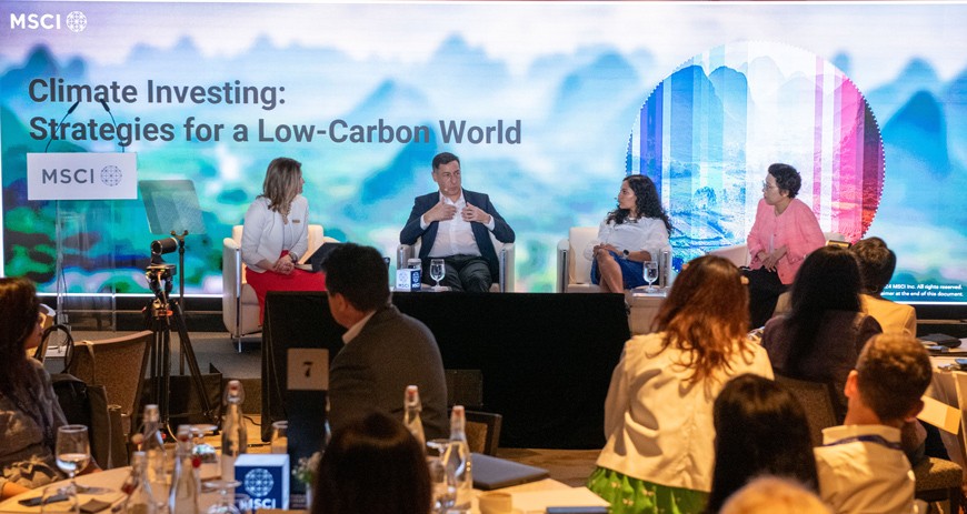 Left to right, Naomi English, MSCI's head of climate strategy; Mark Konyn, group chief investment officer at AIA; Sunita Subramoniam, APAC head of sustainable product strategy, iShares and Index at BlackRock; and Yuki Yasui, managing director, GFANZ's Asia Pacific Network, discuss financing decarbonization.