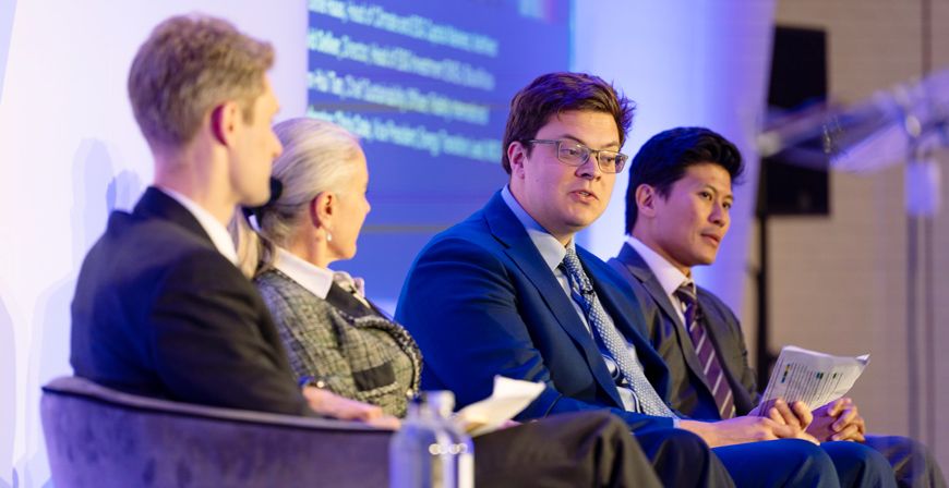 Left to right, MSCI Research's Chris Cote; Caroline Haas, head of climate and ESG capital markets at NatWest; David Oelker, BlackRock's head of ESG investment for fixed income in EMEA; and Jenn-Hui Tan, chief sustainability officer at Fidelity International, discussing strategies for financing the energy transition.