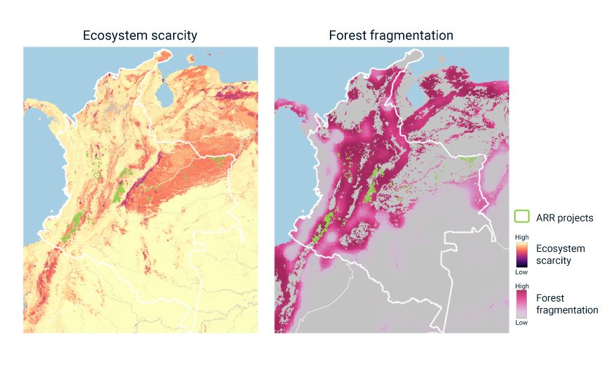 This image consists of two maps of Colombia. The maps visually represent how afforestation/reforestation projects are distributed in relation to both ecosystem scarcity and forest fragmentation across the country, with many projects situated in ecologically vulnerable areas.