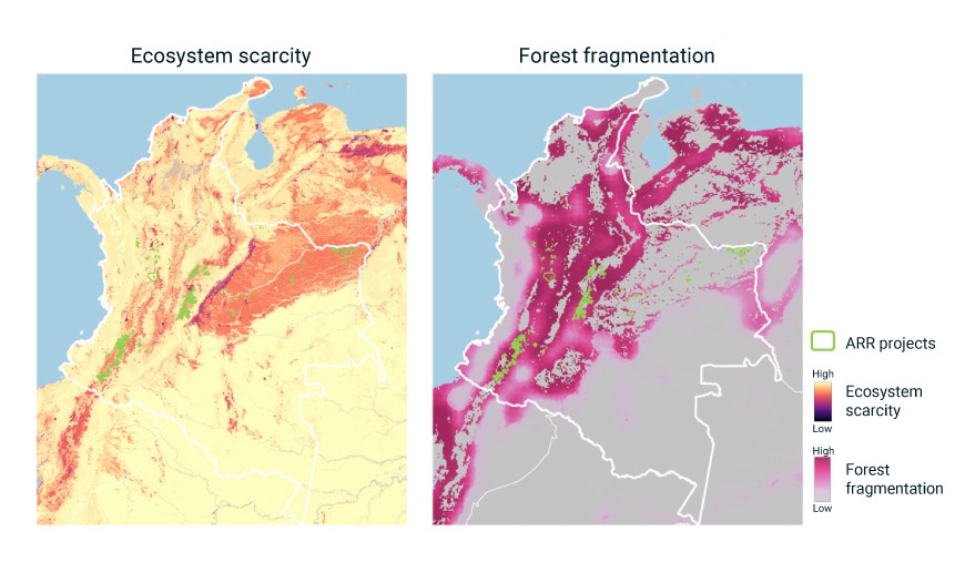 This image consists of two maps of Colombia. The maps visually represent how afforestation/reforestation projects are distributed in relation to both ecosystem scarcity and forest fragmentation across the country, with many projects situated in ecologically vulnerable areas.