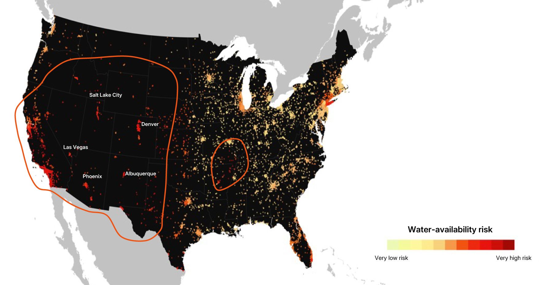 Map of the contiguous United States displaying locations of electronics and semiconductor firm assets in relation to water-availability risk as of April 2025. Areas with higher water stress are marked, with firm assets concentrated in several high-risk regions. These include a large section of the western U.S., encompassing cities such as Phoenix, Las Vegas, Salt Lake City, Albuquerque, and Denver, as well as a smaller region in the southeastern central U.S. and parts of Florida. Firm assets are densely distributed in both low- and high-risk areas, highlighting potential exposure to water scarcity. Data is sourced from WWF BRF and MSCI GeoSpatial Asset Intelligence.