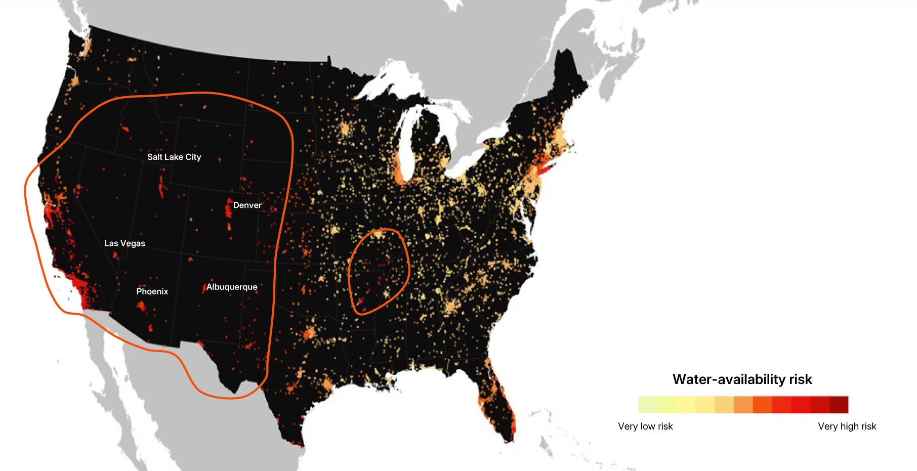 Map of the contiguous United States displaying locations of electronics and semiconductor firm assets in relation to water-availability risk as of April 2025. Areas with higher water stress are marked, with firm assets concentrated in several high-risk regions. These include a large section of the western U.S., encompassing cities such as Phoenix, Las Vegas, Salt Lake City, Albuquerque, and Denver, as well as a smaller region in the southeastern central U.S. and parts of Florida. Firm assets are densely distributed in both low- and high-risk areas, highlighting potential exposure to water scarcity. Data is sourced from WWF BRF and MSCI GeoSpatial Asset Intelligence.