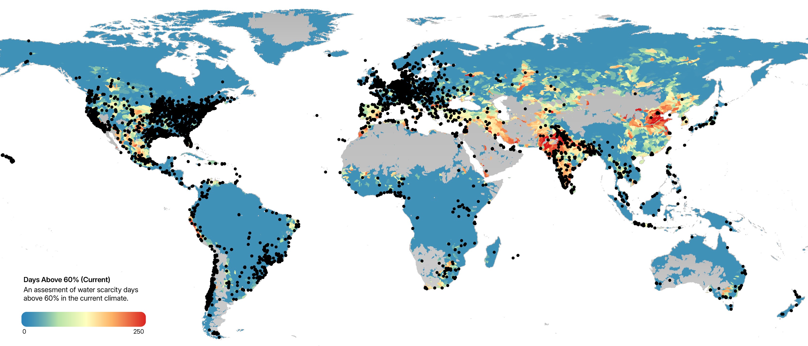 This chart maps more than 13,500 data-center assets globally against current and projected water-scarcity conditions to 2050. It highlights where rising water stress may pose operational risk to data-center infrastructure.