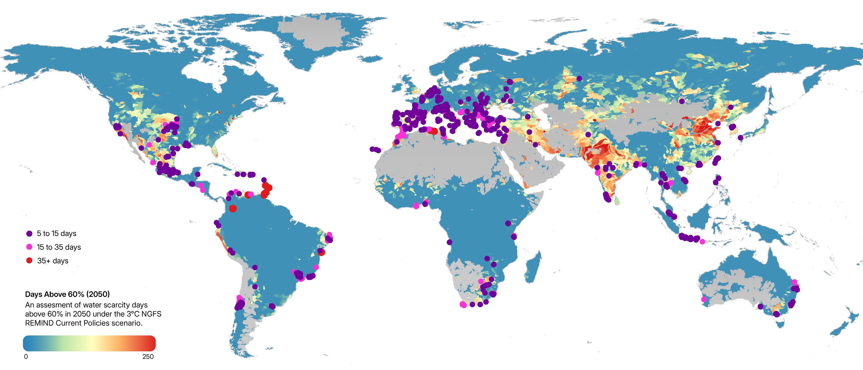 This chart shows where existing data centers are projected to experience more days of water scarcity by 2050. The colored dots indicate how many additional scarcity days each location may face under a 3°C climate scenario.