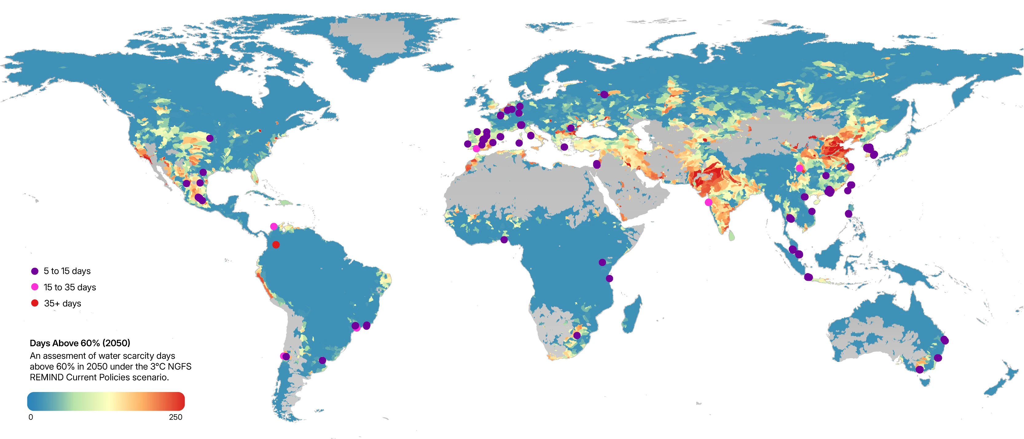 This chart shows where data centers currently under construction are projected to face more water-scarcity days by 2050. The colored dots indicate how many additional scarcity days each location may experience as climate stress intensifies.