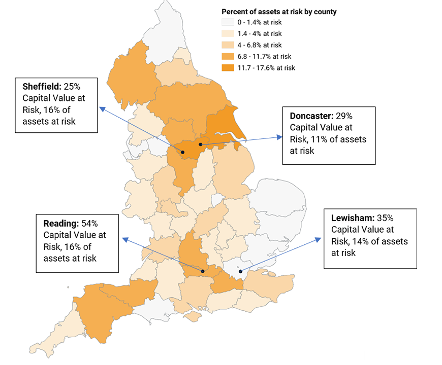 A map of exposure to flood risk by county in England