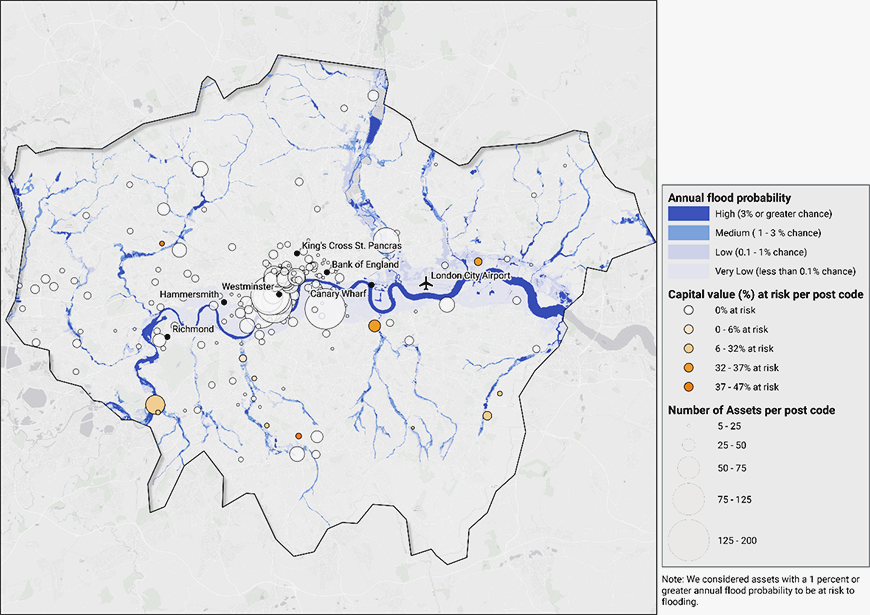 a map of capital value at risk per postcode in Greater London area