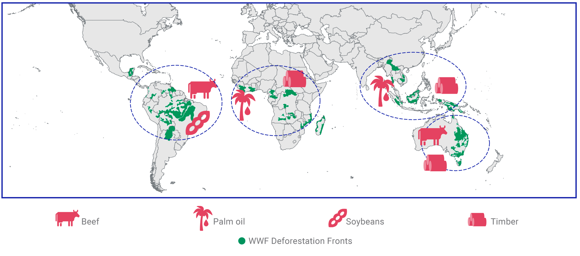 This chart shows the WWF Deforestation Fronts and the commodities causing them.
