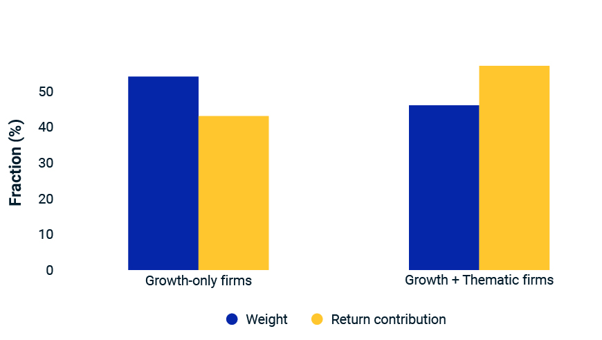The weights of growth and thematic firms in the MSCI ACWI IMI growth Index