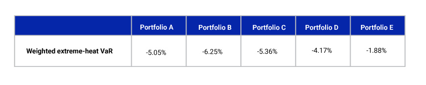 This exhibit details the weighted extreme-heat VaR by hypothetical portfolio.