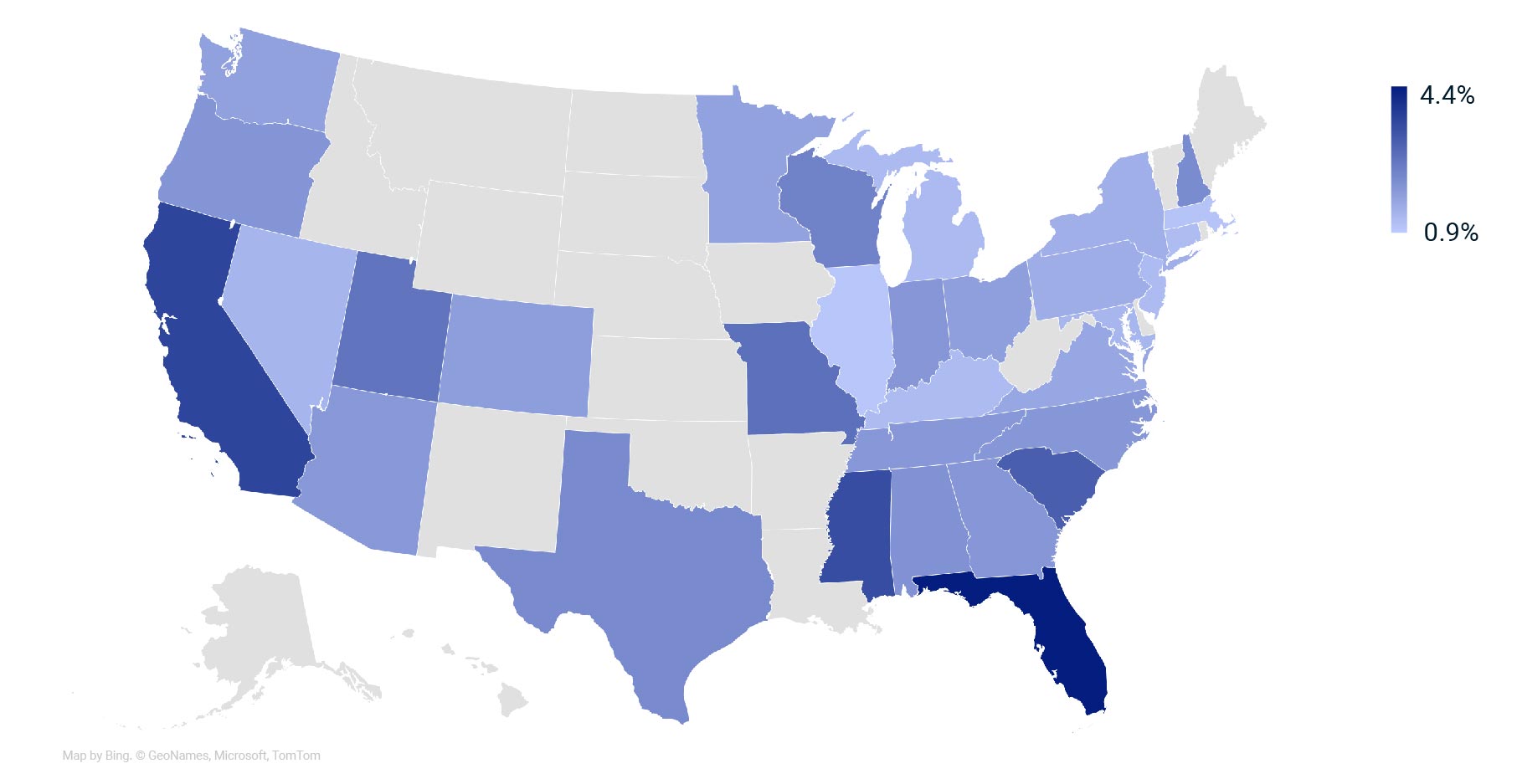 This map shows insurance costs as a share of income receivable for U.S. states, using MSCI U.S. Quarterly Property Index data. 