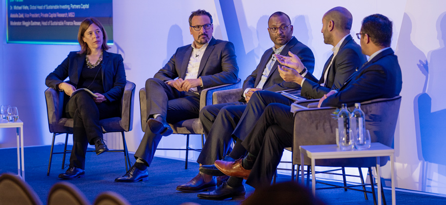 Left to right, Meggin Thwing Eastman, MSCI’s head of sustainable finance research; Michael Viehs, global head of sustainable investing at Partners Capital; Vikram Raju, head of climate investing for private credit and equity at Morgan Stanley; Franck Rizzoli, head of ESG financing advisory at BNP Paribas; and MSCI Research’s Abdulla Zaid discuss the growing role of private assets in climate finance.