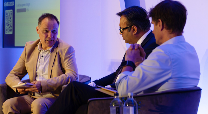 Oliver Marchand, MSCI’s head of climate risk research (left), discusses uses of AI in climate finance and investing with Budha Bhattacharya, head of systematic research at Lombard Odier (center); and Markus Leippold, professor of financial engineering at the University of Zurich, senior chair of the Swiss Finance Institute, and a part-time visiting researcher at Google DeepMind.