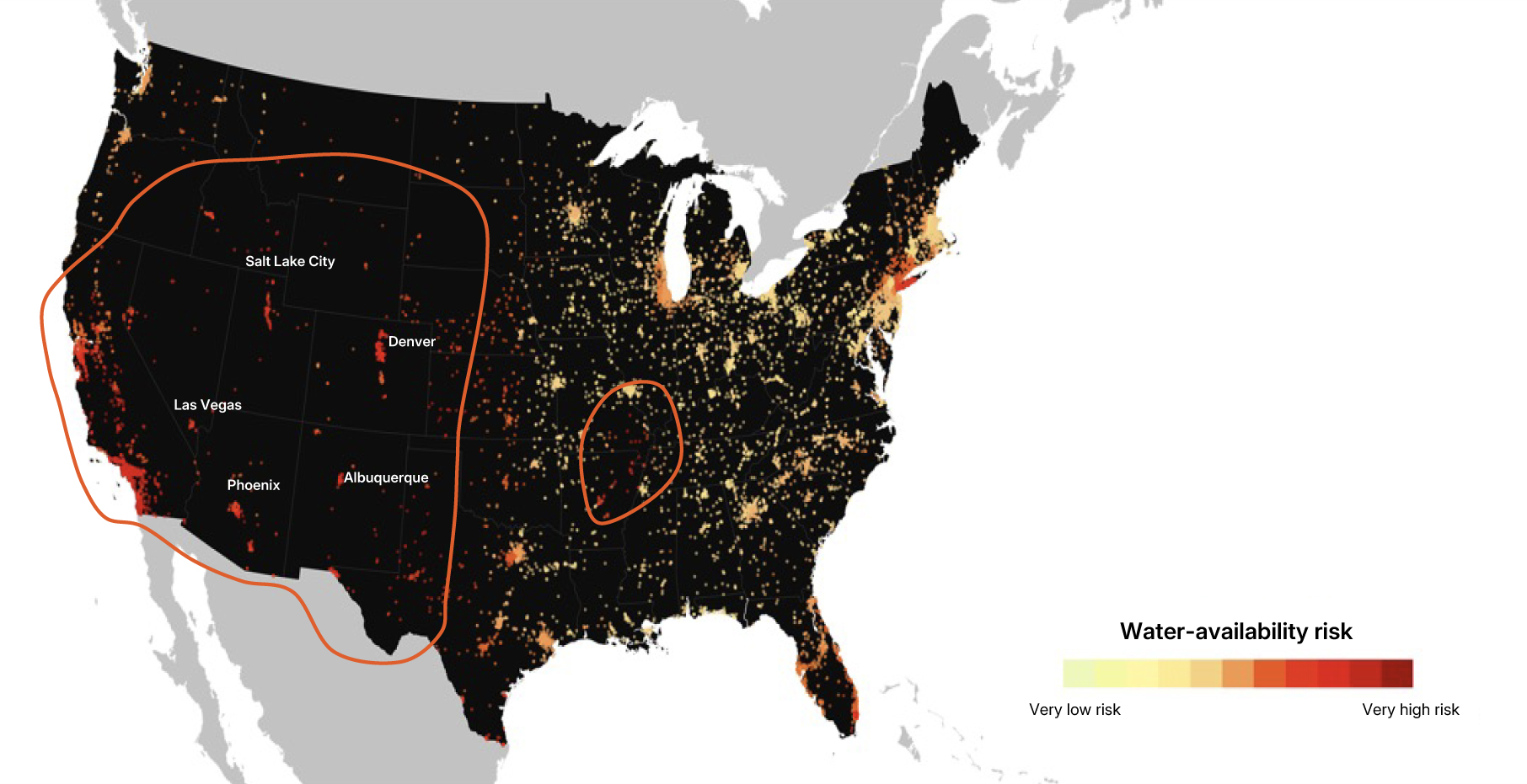 Map of the contiguous United States displaying locations of electronics and semiconductor firm assets in relation to water-availability risk as of April 2025. Areas with higher water stress are marked, with firm assets concentrated in several high-risk regions. These include a large section of the western U.S., encompassing cities such as Phoenix, Las Vegas, Salt Lake City, Albuquerque, and Denver, as well as a smaller region in the southeastern central U.S. and parts of Florida. Firm assets are densely distributed in both low- and high-risk areas, highlighting potential exposure to water scarcity. Data is sourced from WWF BRF and MSCI GeoSpatial Asset Intelligence.